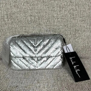 Nicole Miller Silver Sequined Bag Chain Strap Crossbody Purse Small